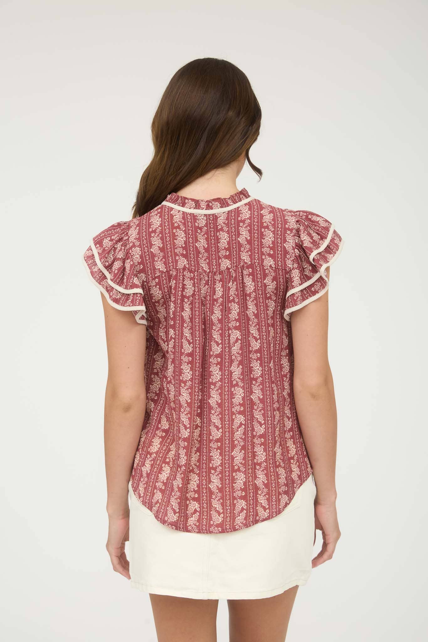 STRIPE FLORAL PATTERN TIE FRONT RUFFLE TOP: BURGUNDY