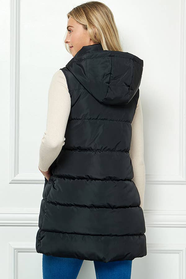 Longline Quilted Puffer Vest with Attached Hood