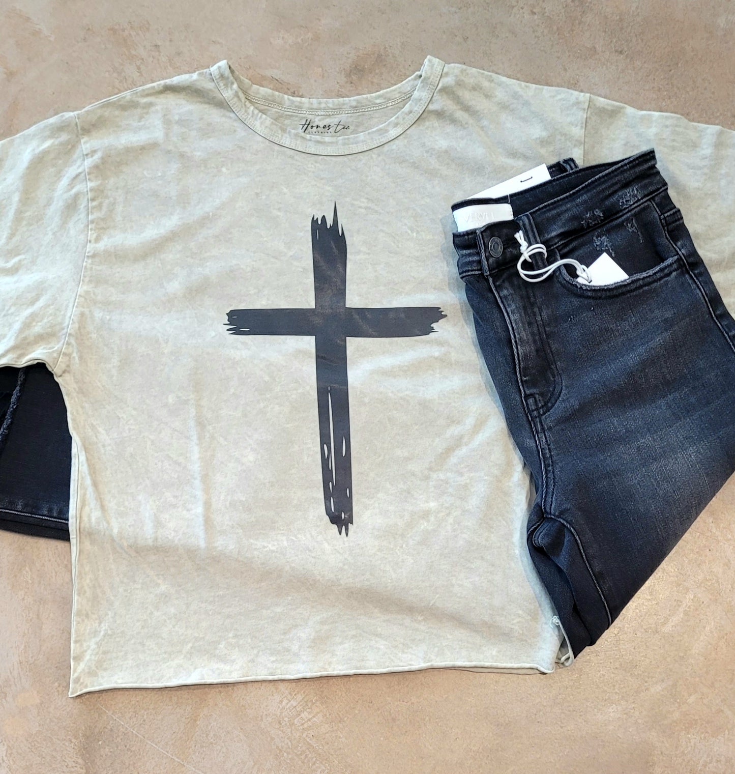 Distressed Cross Long Crop Olive