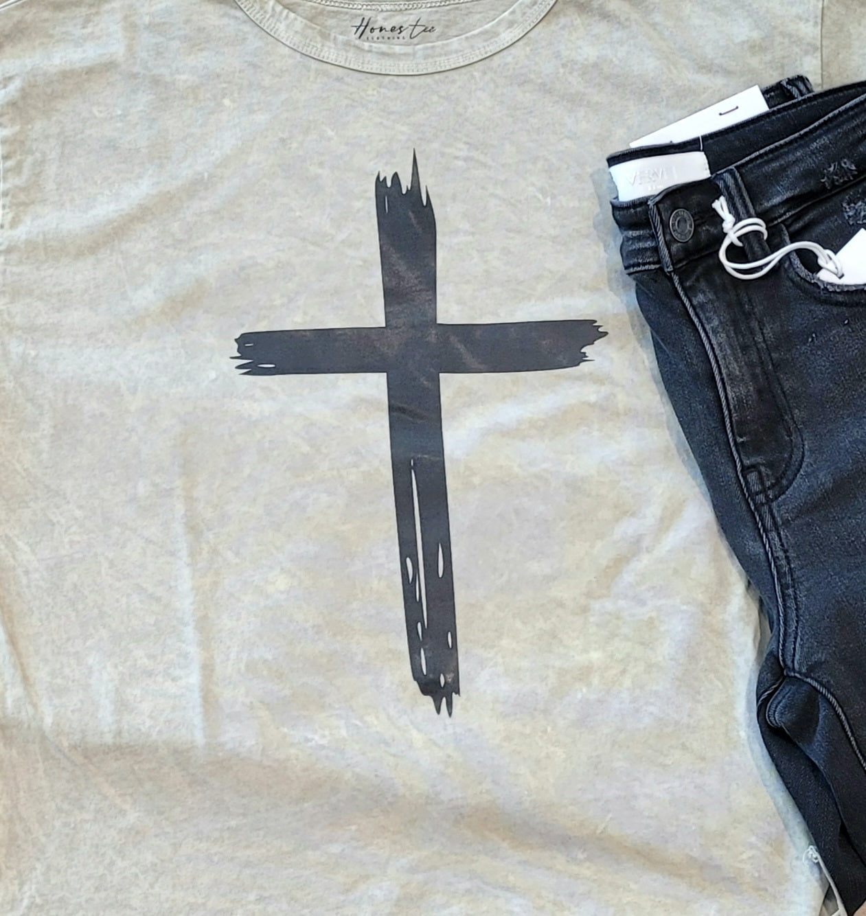 Distressed Cross Long Crop Olive