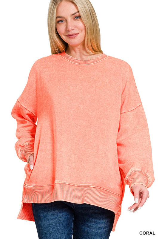 Acid Wash Hi Low Hem Pullover With Pockets: CORAL