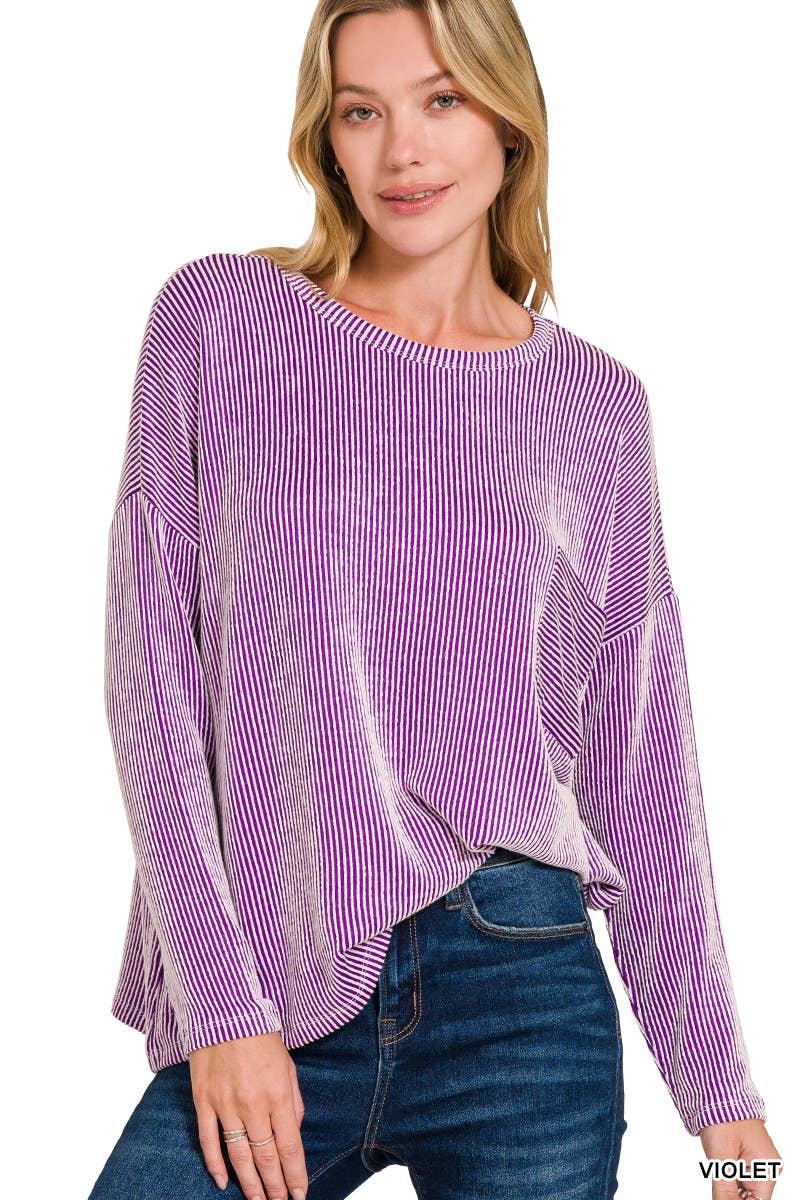 Ribbed Striped Oversized Long Sleeve Top: VIOLET