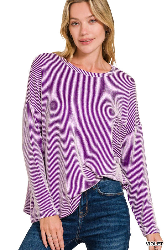 Ribbed Striped Oversized Long Sleeve Top: VIOLET