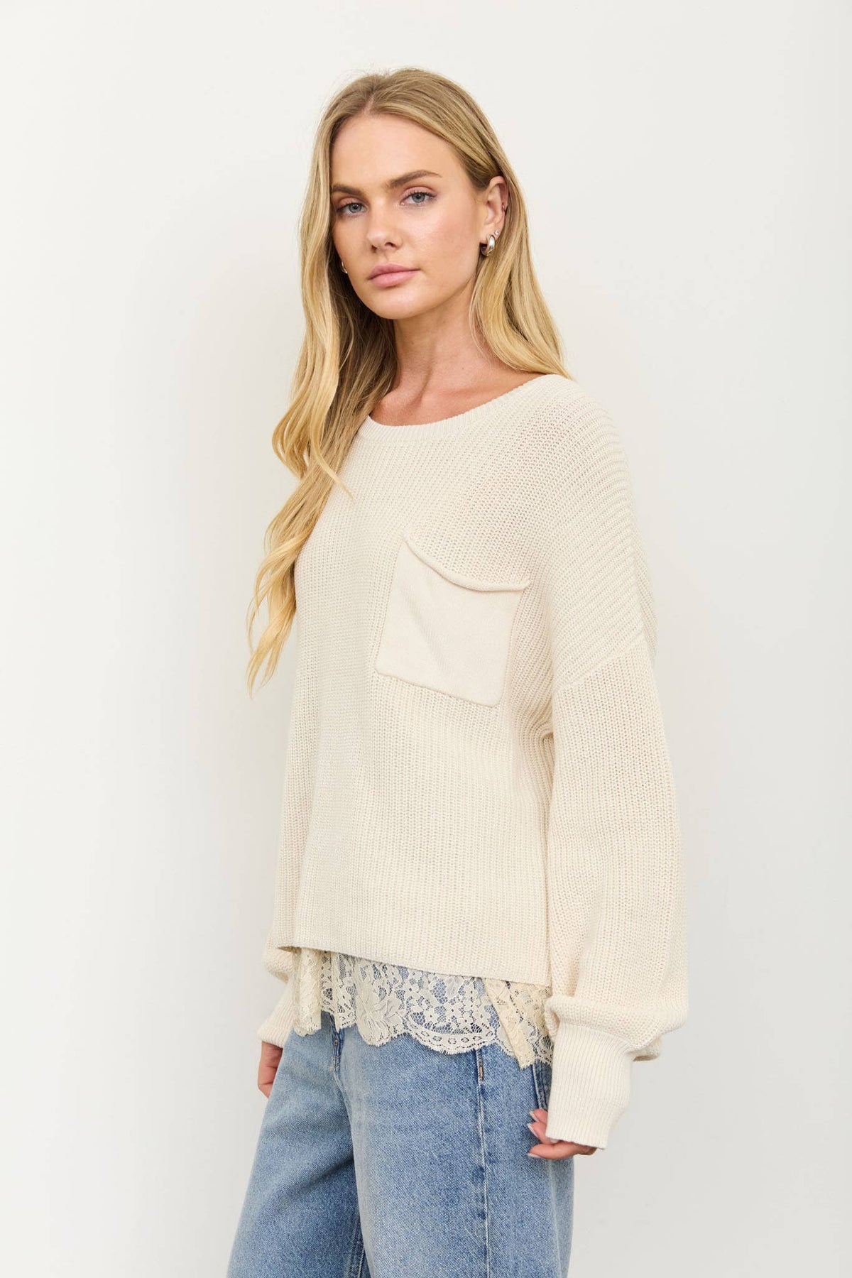 RAW EDGE CROPPED LONG SLEEVE KNIT SWEATER: CREAM