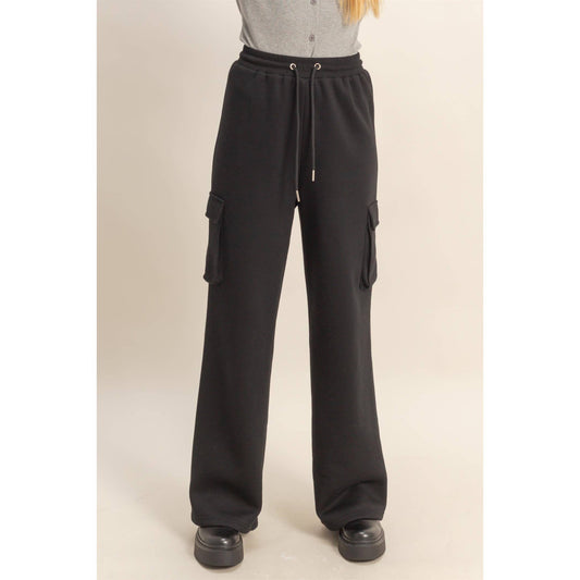 Drawstring Cargo Sweatpants: BLACK