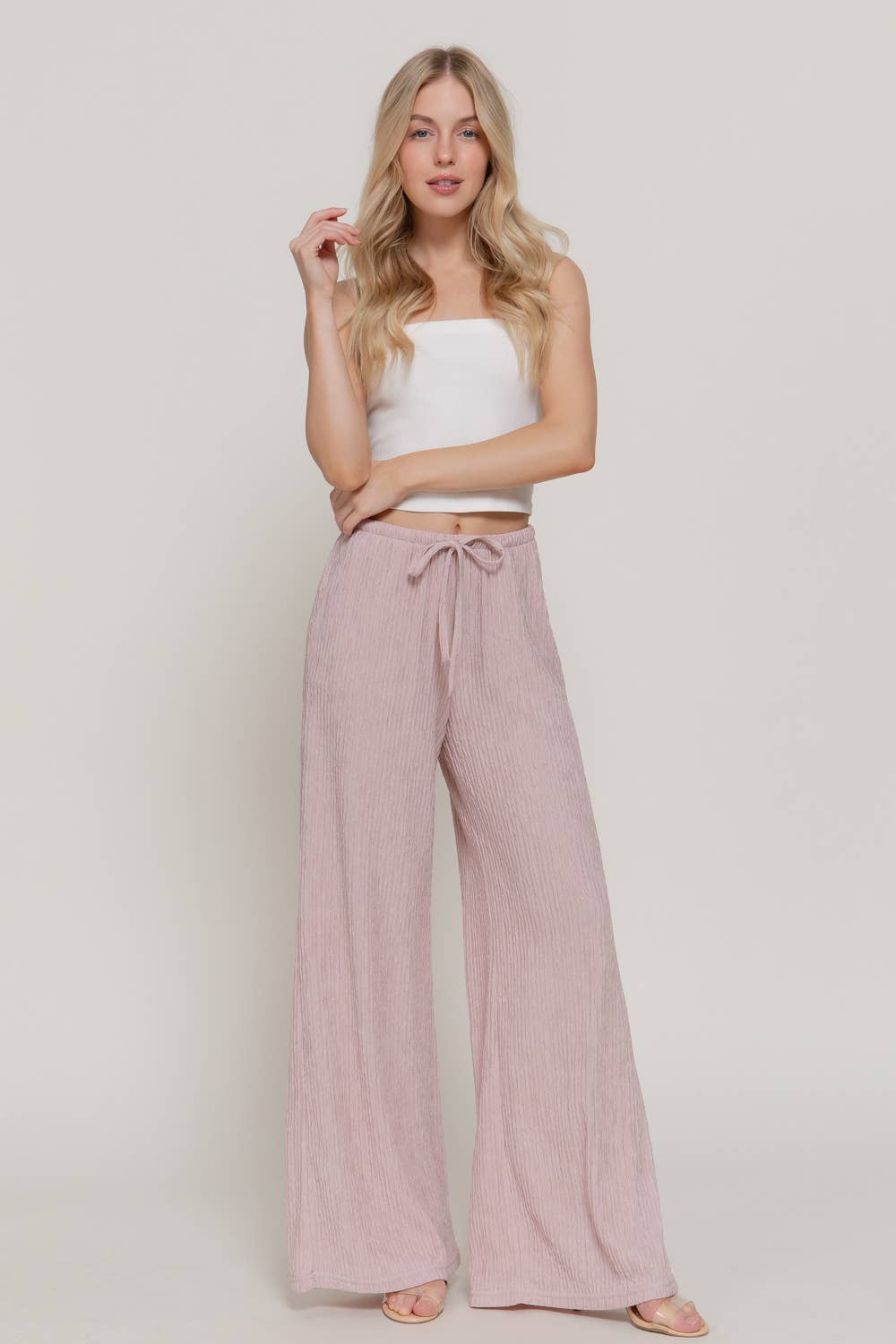 Crinkle Knit Long Pants: pale pink