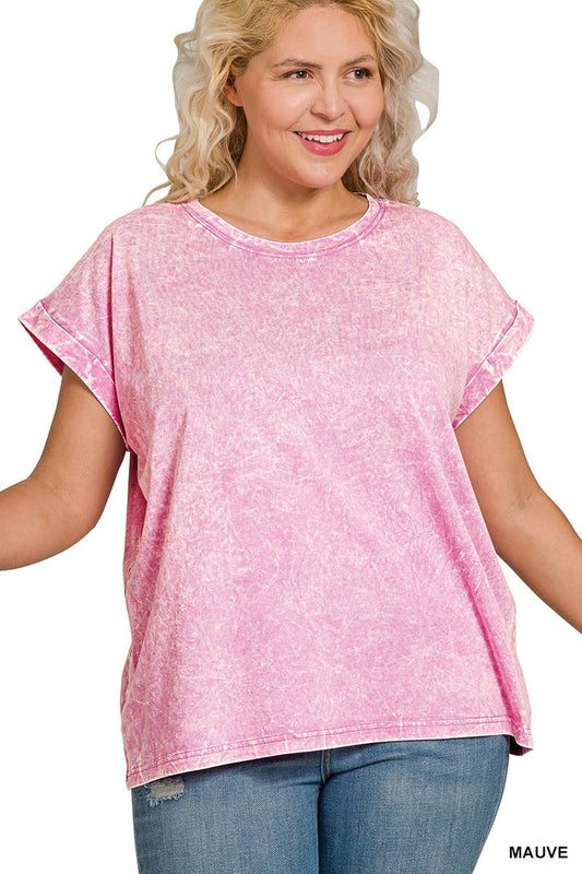 Crinkle Washed Round Neck Folded Short Sleeve: MAUVE