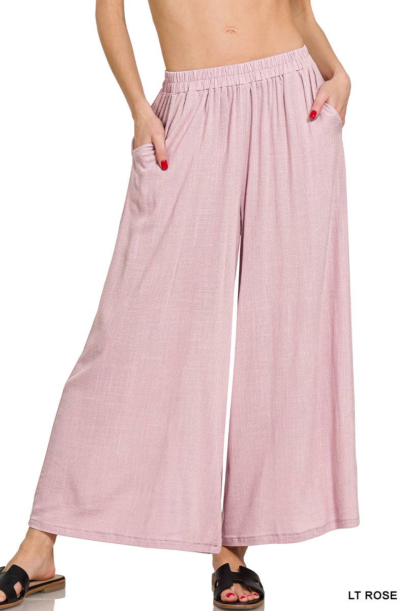 Linen Blend Wide Leg Pants With Pocket