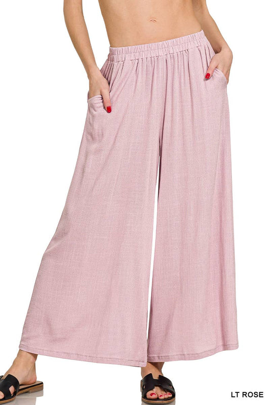 Linen Blend Wide Leg Pants With Pocket