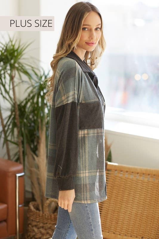 Plaid Colorblock Shacket: TEAL