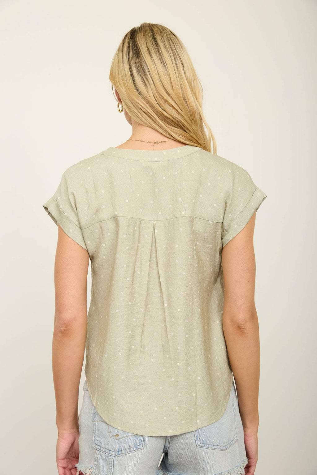 POLKA DOT LACE TRIM HALF BUTTON TOP : LIGHT OLIVE