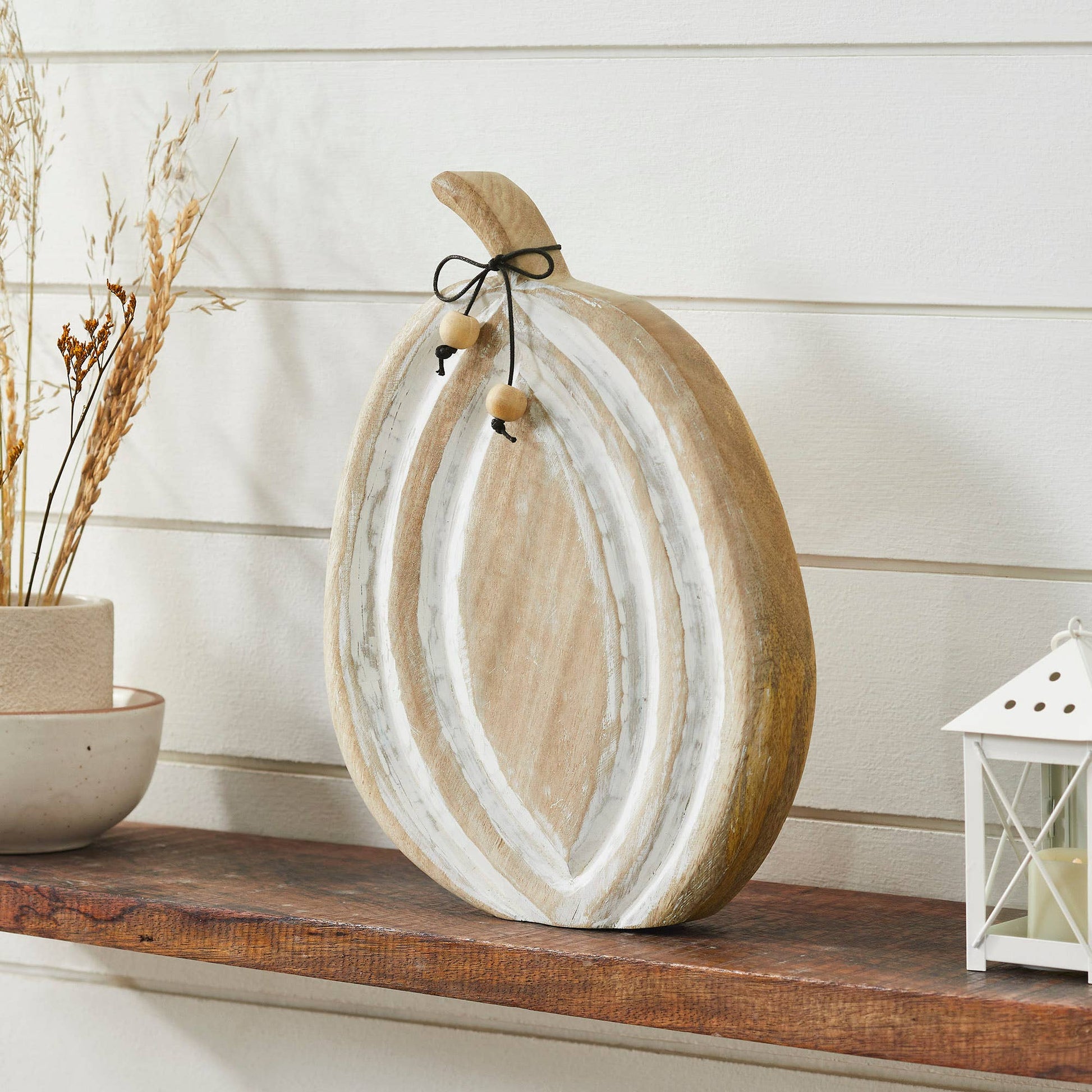 Wooden Mango Wood White Pumpkin Figurine Fall Decor 12"