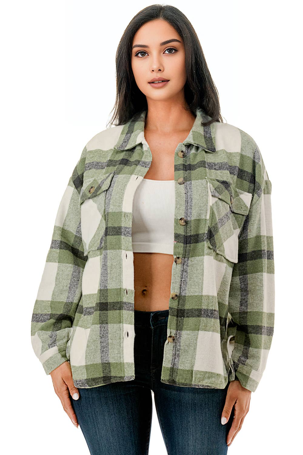 Green tone plaid flannel shacket  w/fur lined warm jacket
