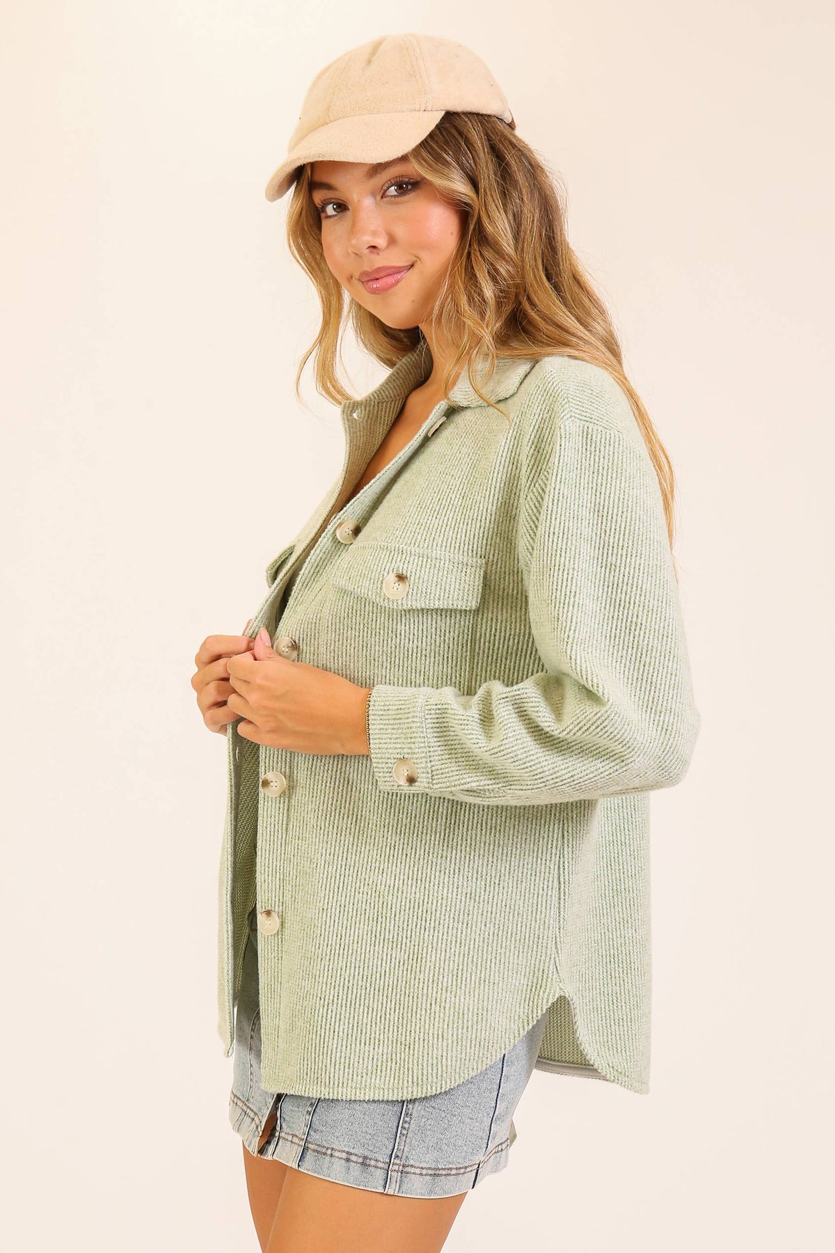 Brushed Waffle Button-Up Shacket: SAGE