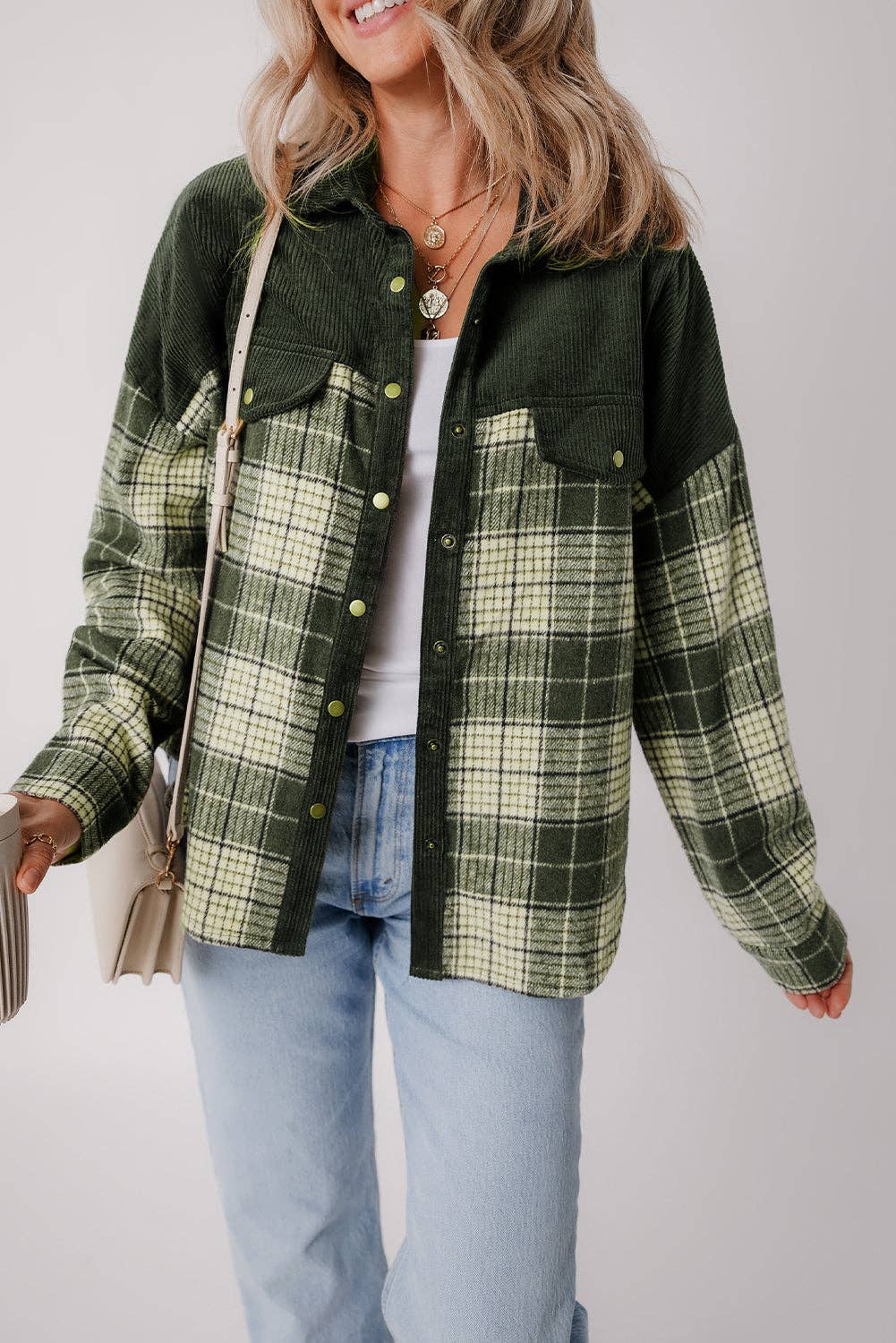 Blackish Green Snap Buttons Colorblock Plaid Shacket: Blackish Green / 100%Polyester / S