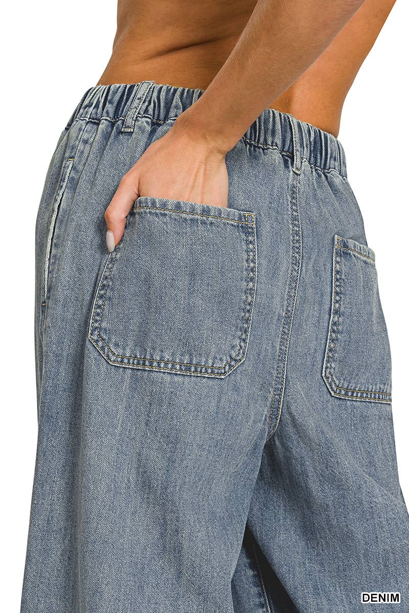 Wide Leg Drawstring Elastic Waistband Denim Pants