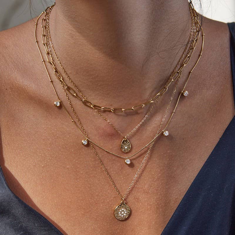 MULTI LAYER STONE CHAIN TEARDROP CHARM NECKLACE: GOLD