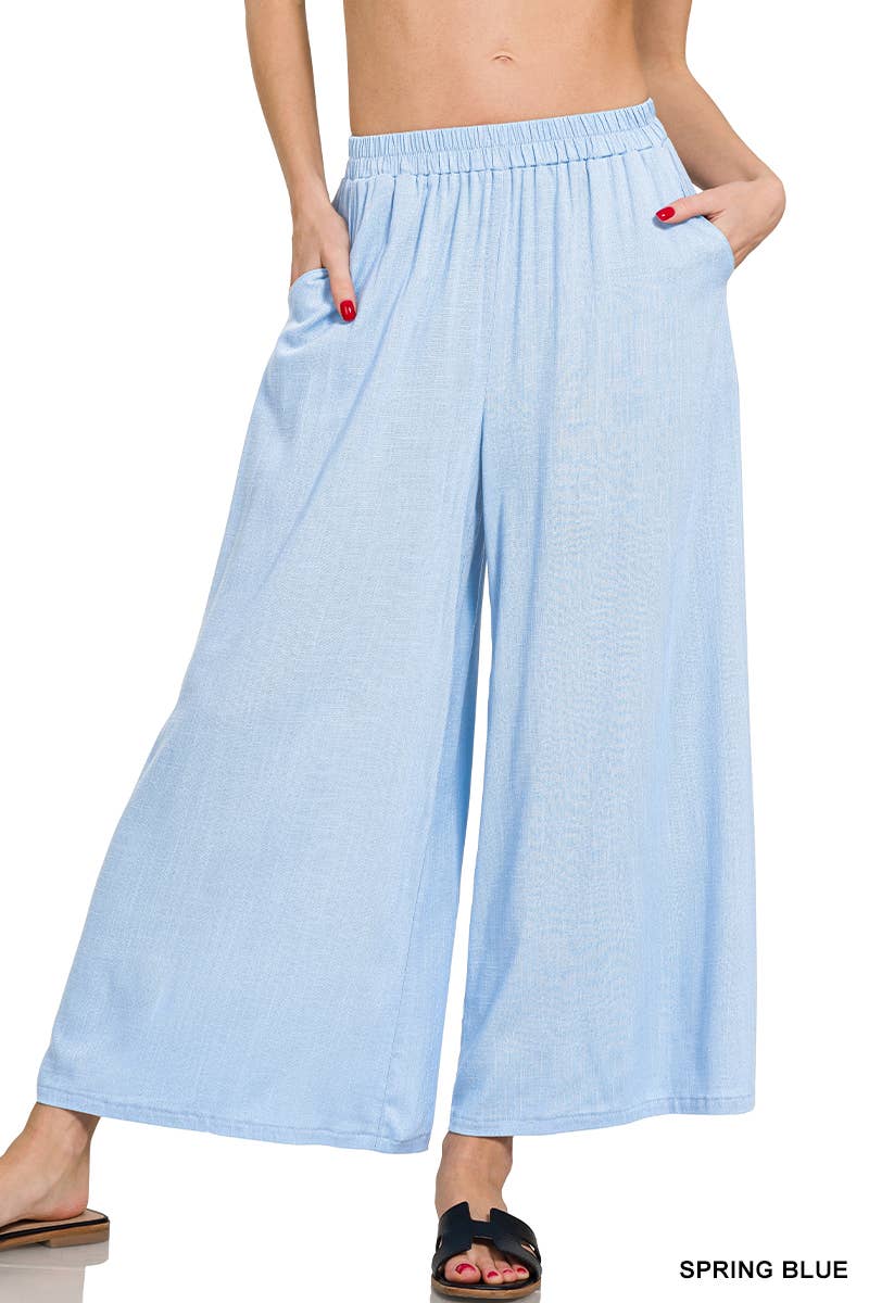 Linen Blend Wide Leg Pants With Pockets SPRING BLUE