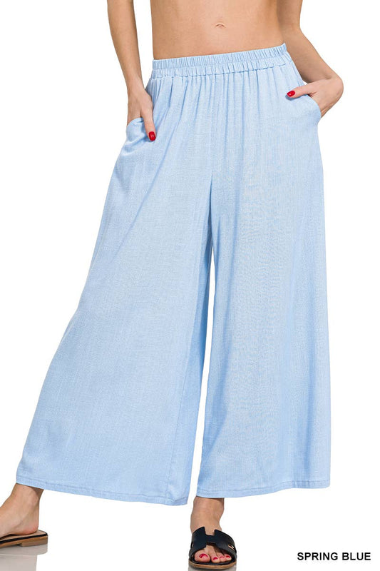 Linen Blend Wide Leg Pants With Pockets SPRING BLUE