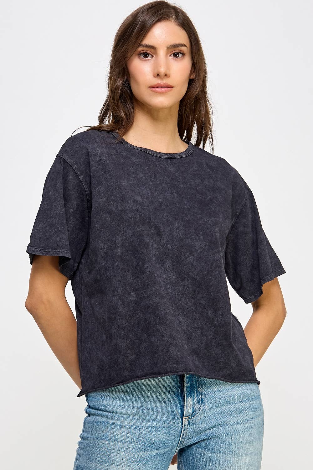 Blank Mineral Washed Long Cropped T-Shirt: VINTAGE BLACK