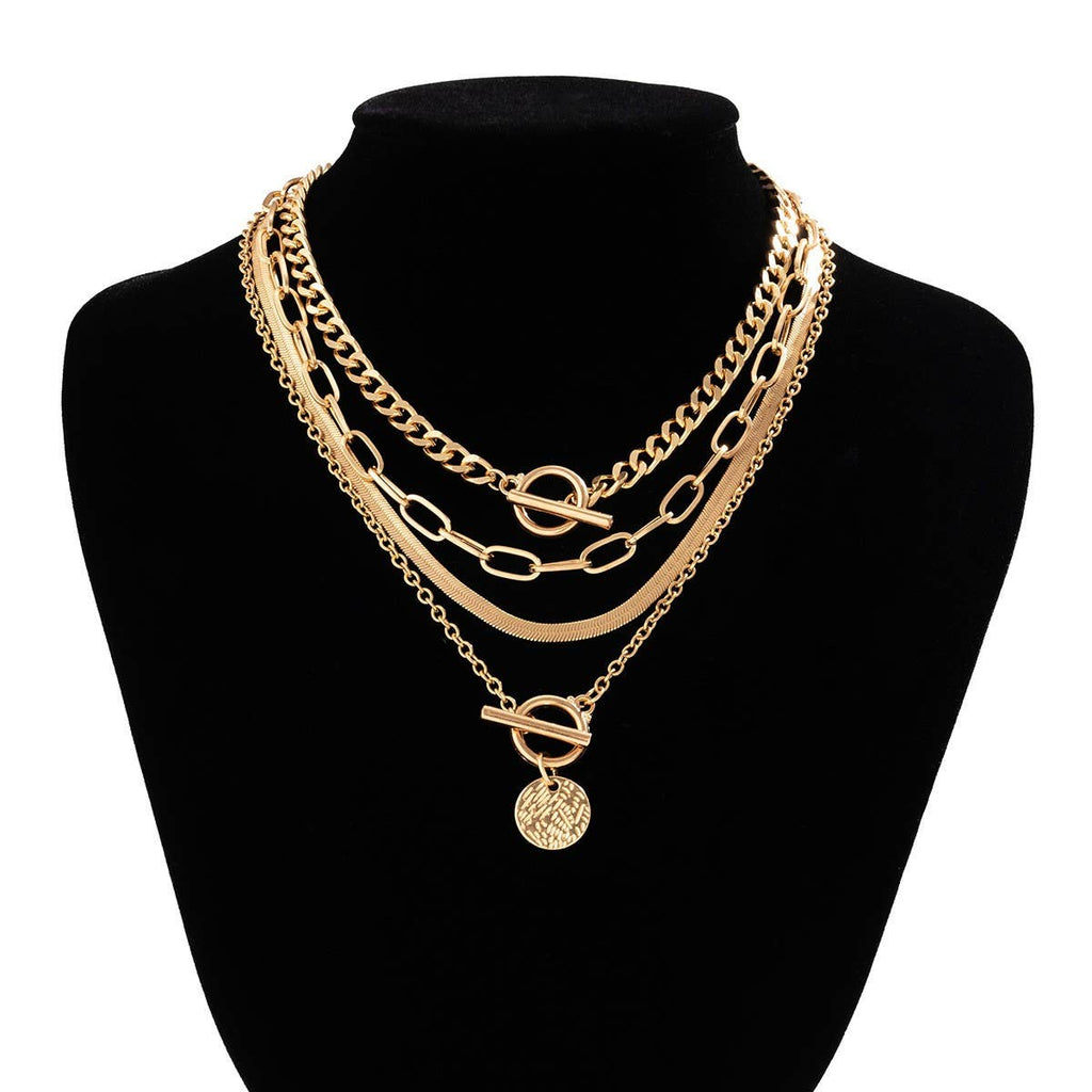 MULTI LAYER TOGGLE HERRINGBONE COIN NECKLACE: GOLD