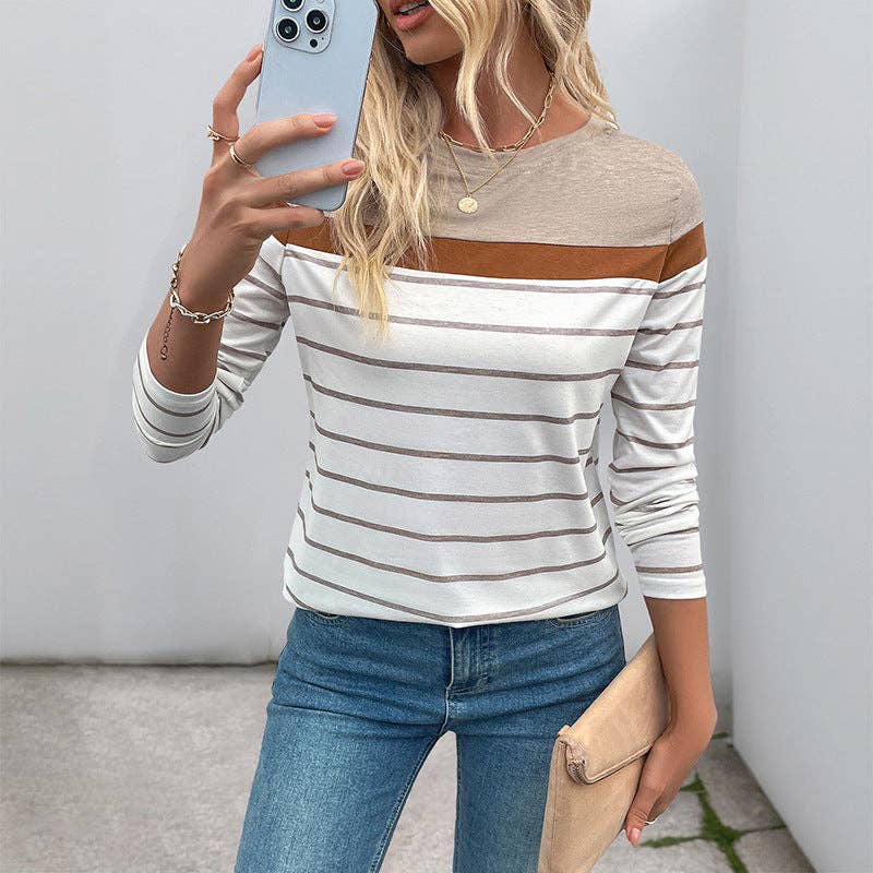 Colorblock Striped Crewneck Long Sleeve Knit Top