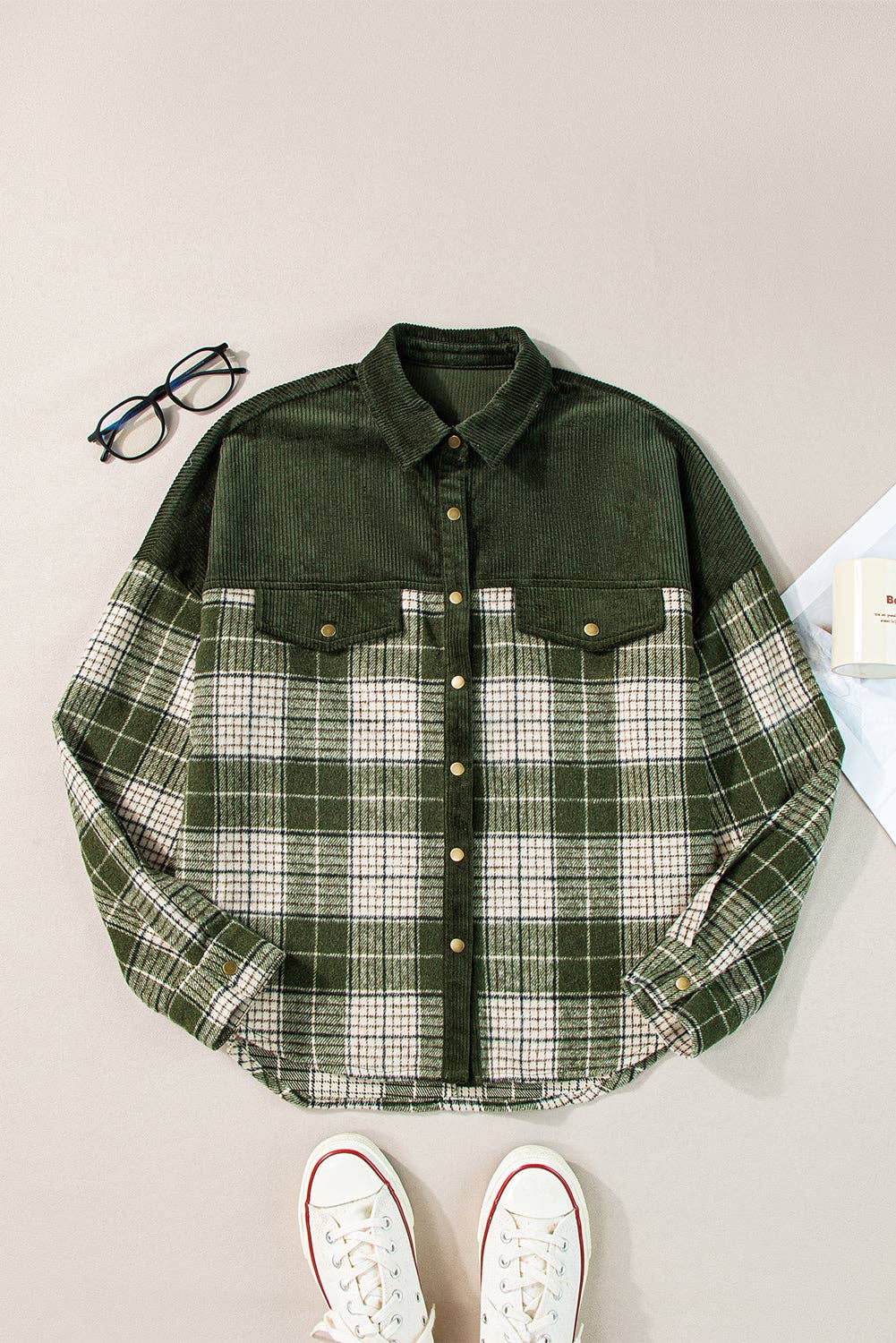 Blackish Green Snap Buttons Colorblock Plaid Shacket: Blackish Green / 100%Polyester / S