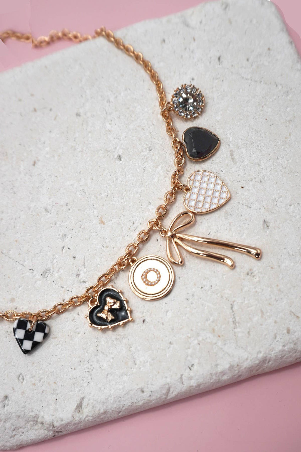 BOW CHECKER HEART & RHINESTONE CHARM NECKLACE