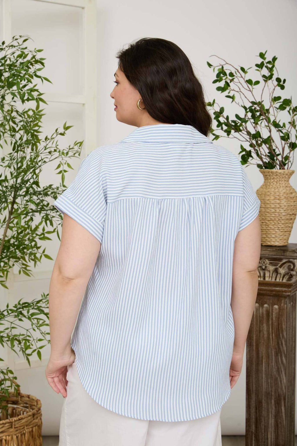 STRIPED V NECK CUFF SLEEVE SHIRT : BLUE