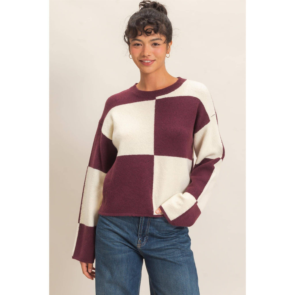 Crew Neck Checkered Sweater: DARK CHERRY