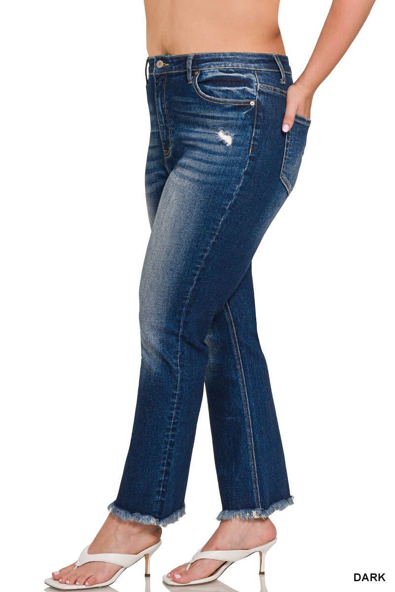 High Rise Straight Raw Hem Denim Pants