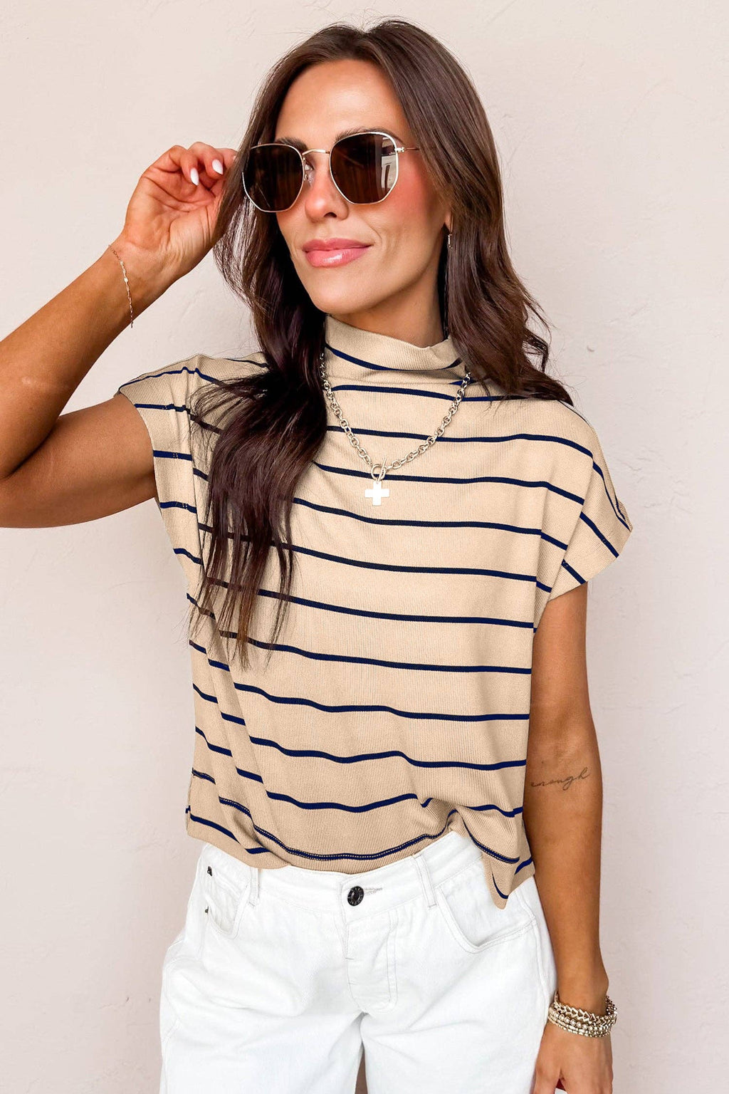 Stripe Mock Neck Short Sleeve Top