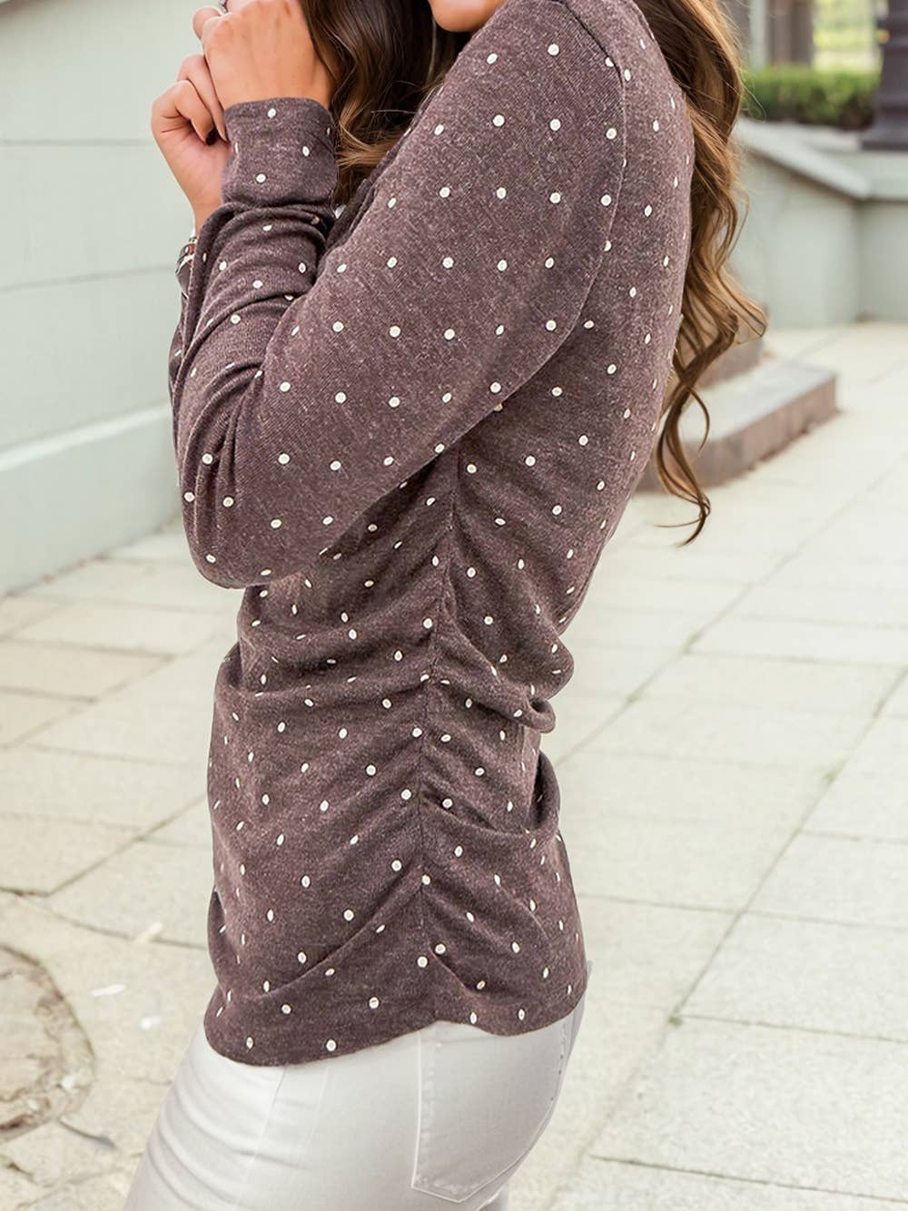 Polka Dot Boat Neck Long Sleeve Shirt: Dark Brown