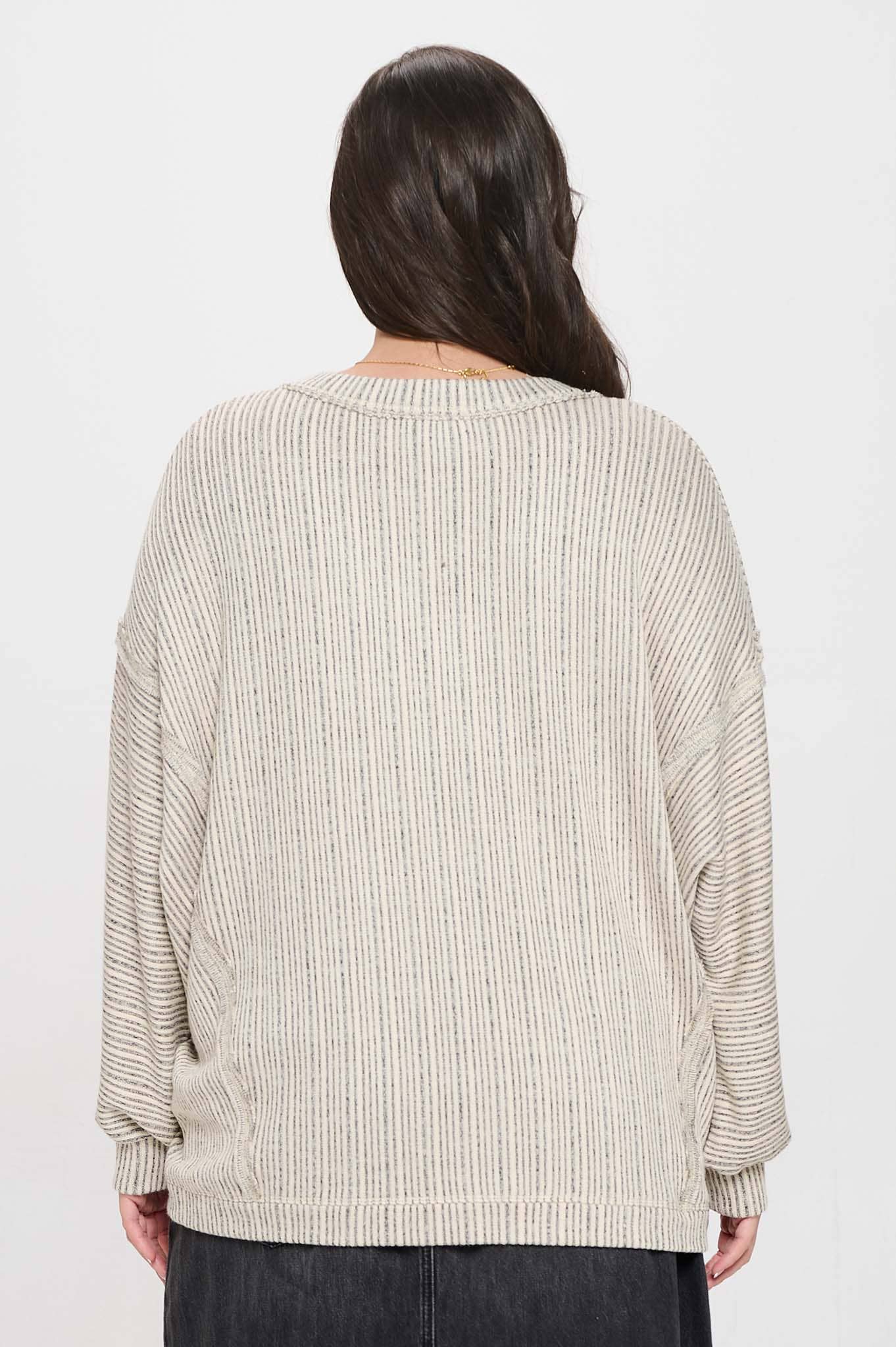 STRIPED DROP SHOULDER V NECK KNIT TOP