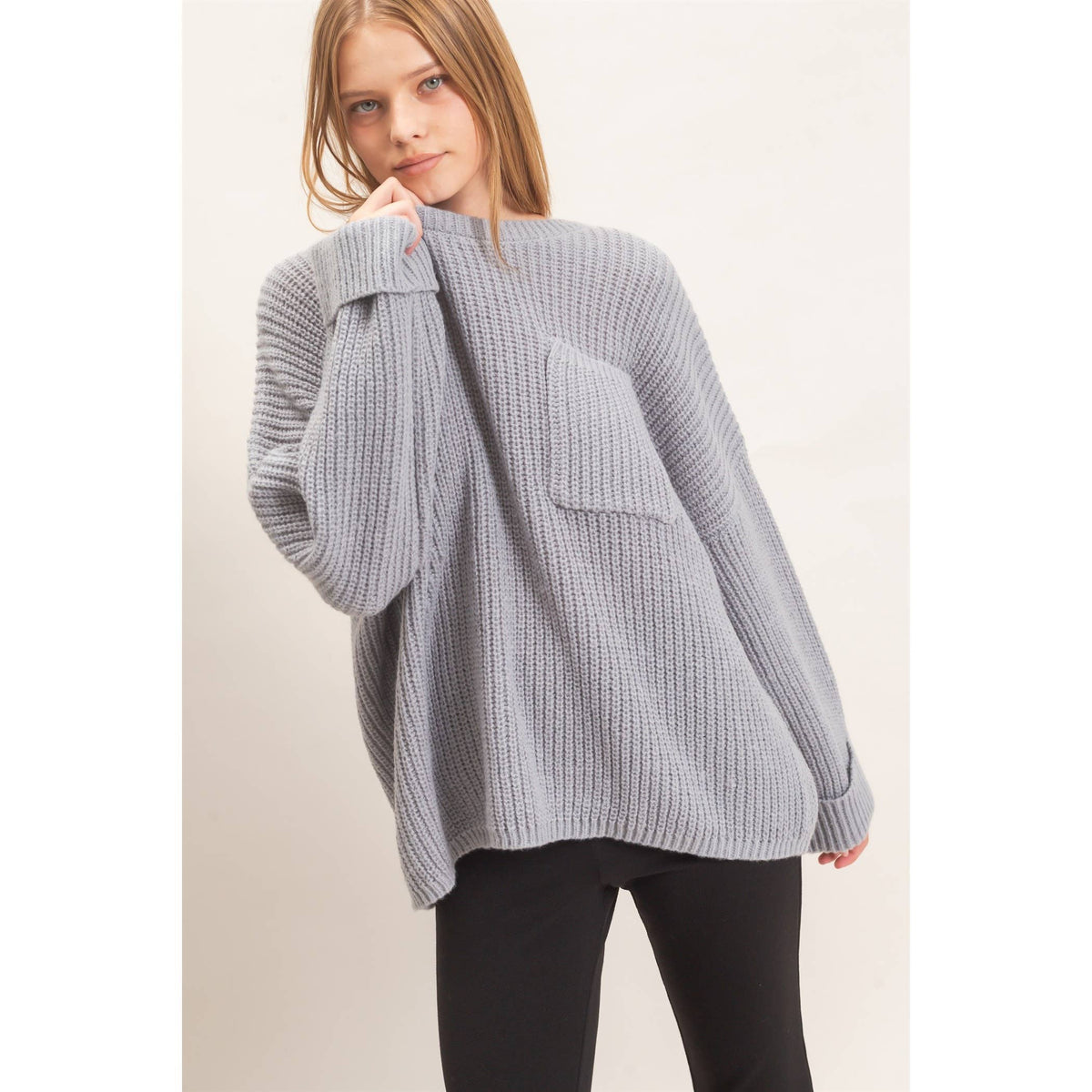 Ribbed Knit Patch Pocket Sweater: H.GRAY
