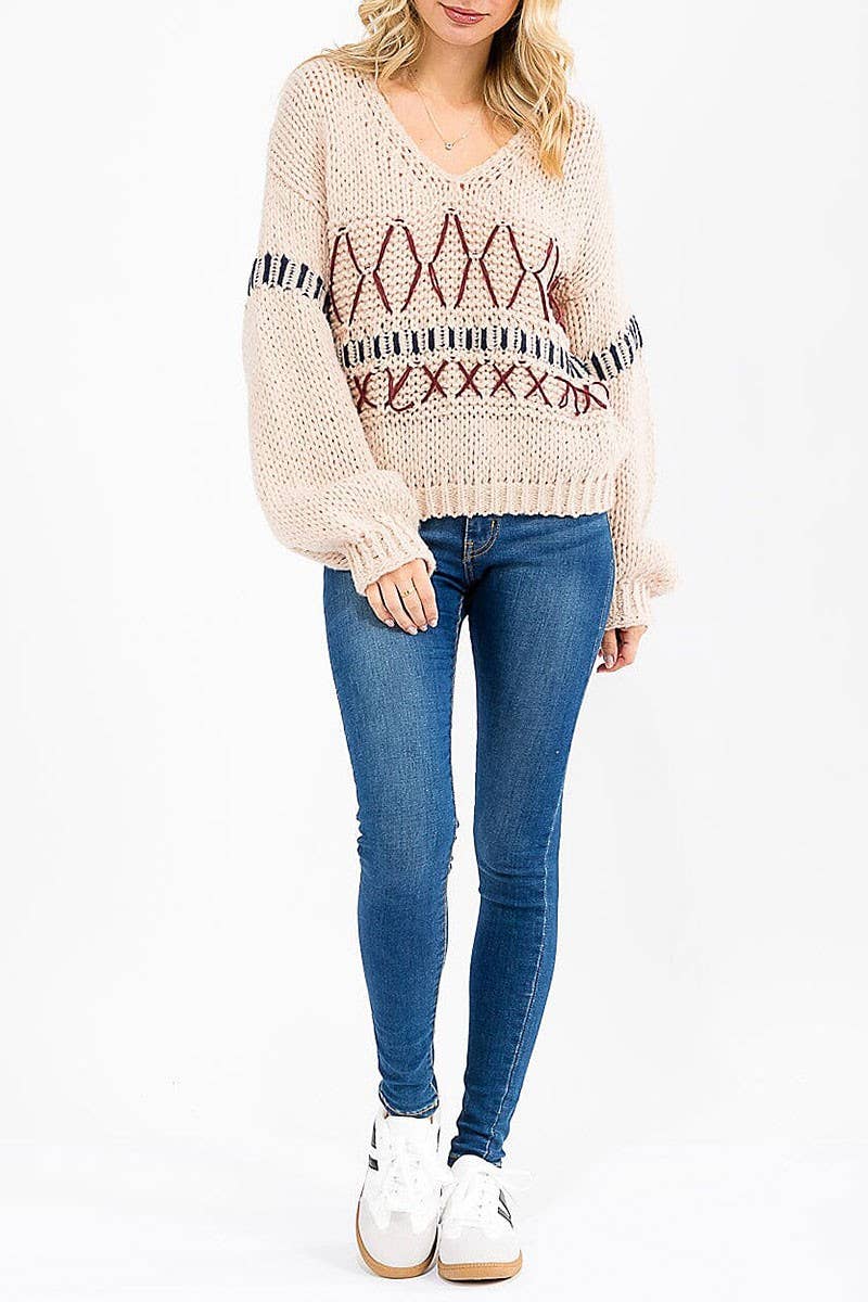 V-NECK DETAILED PULLOVER KNIT SWEATER