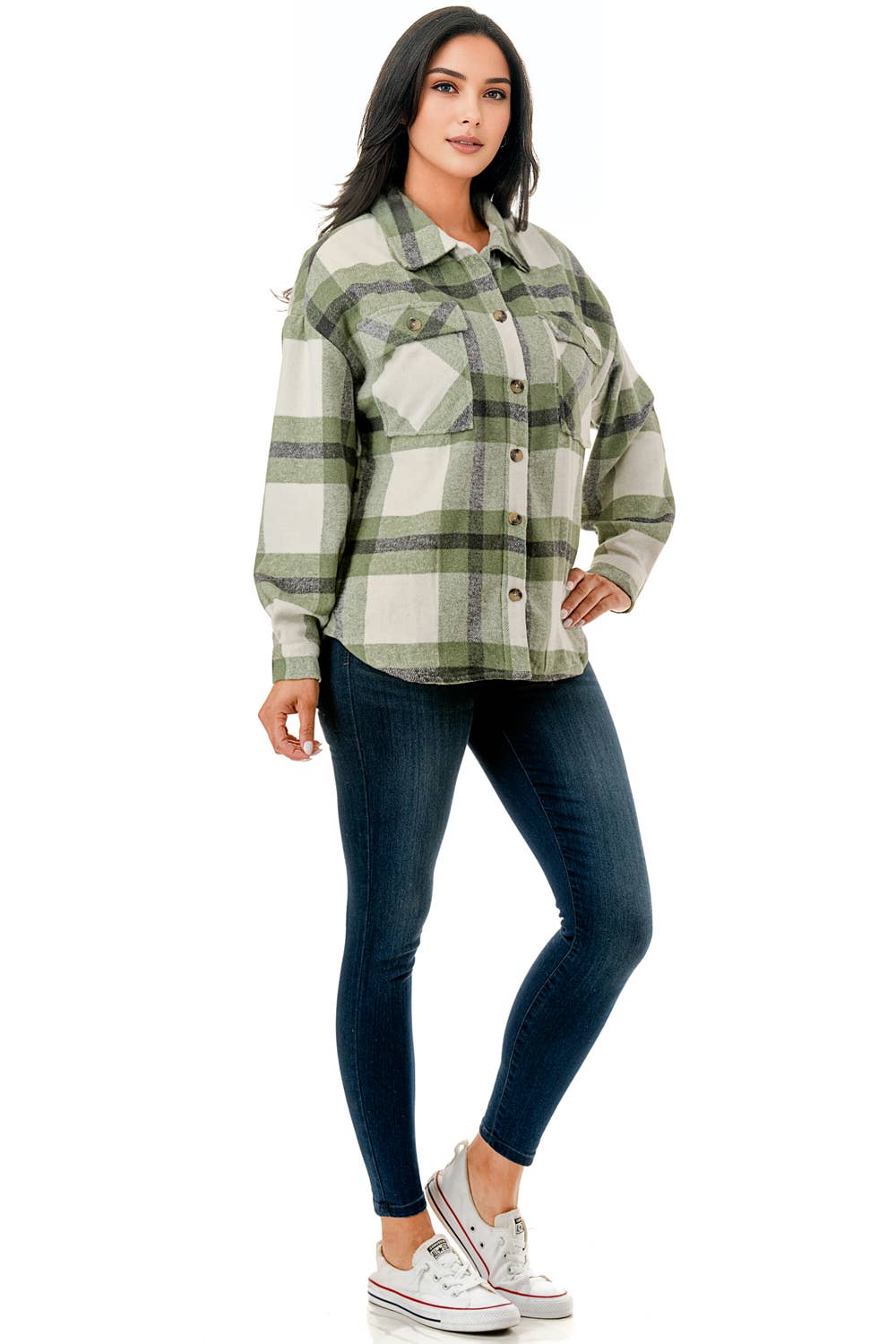 Green tone plaid flannel shacket  w/fur lined warm jacket