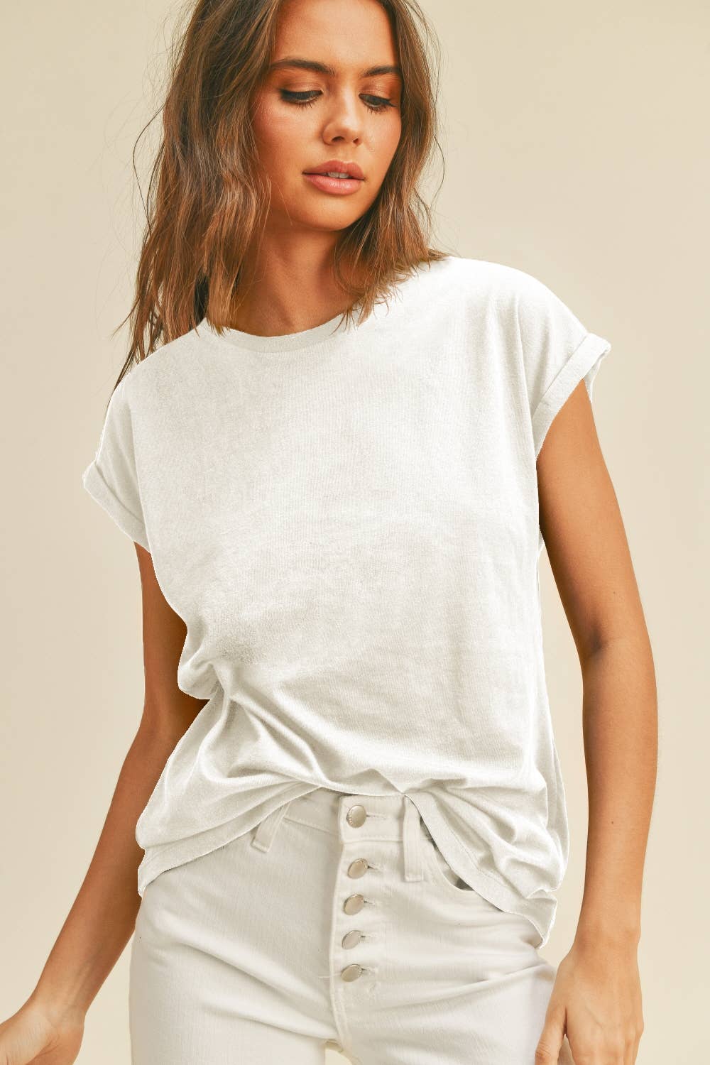 Blank Rolled up sleeve T-Shirt: WHITE