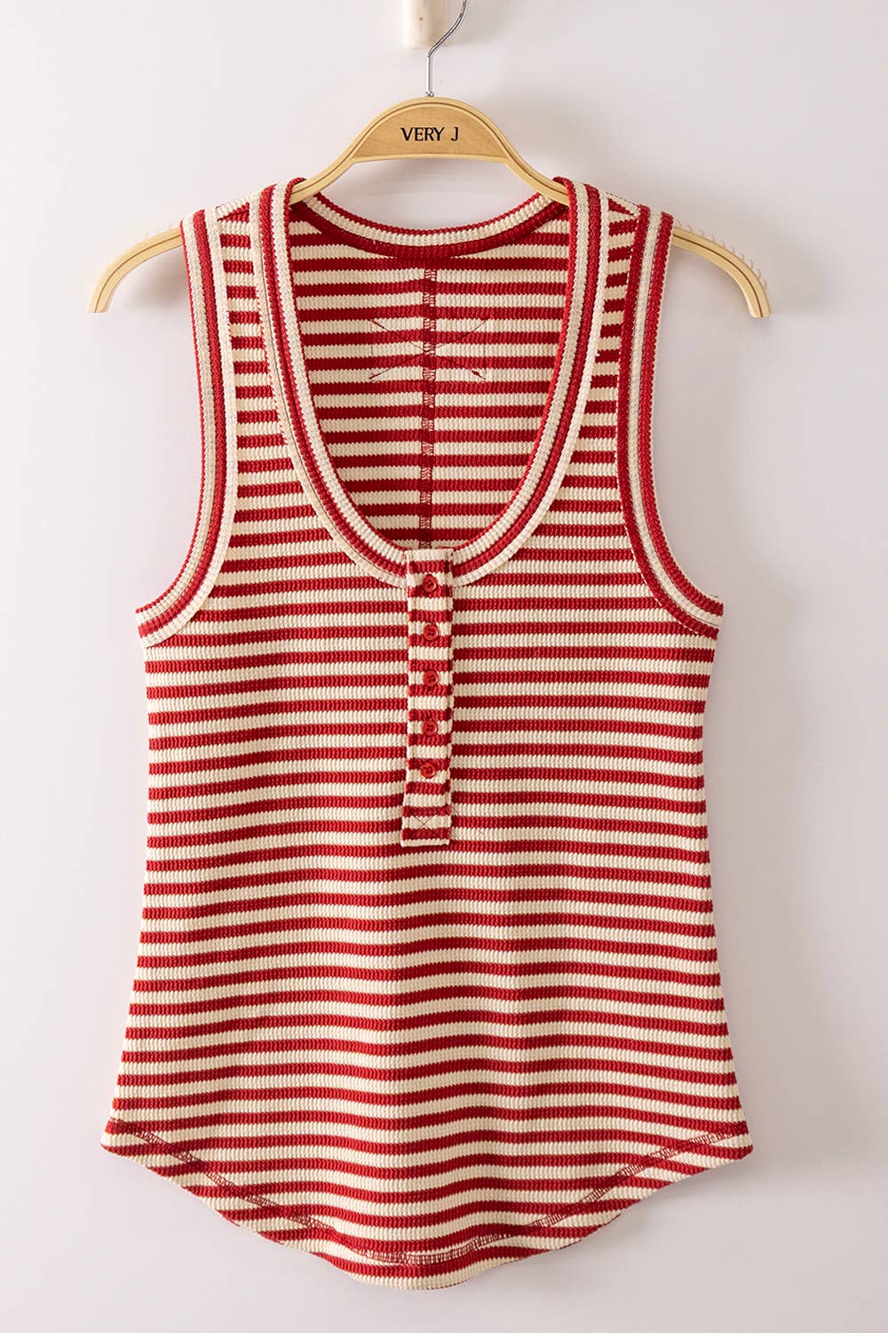 Striped Button Down Fitted Knit Tank Top:Red