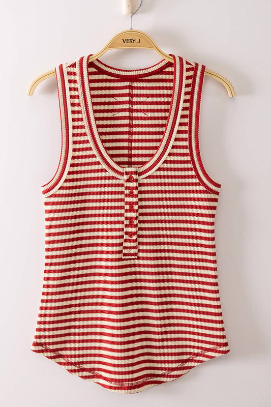 Striped Button Down Fitted Knit Tank Top:Red