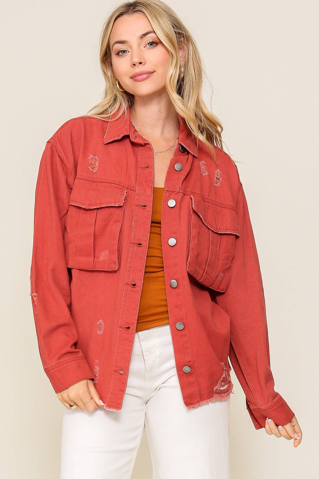 Distressed Oversized Denim Jacket :Mauve
