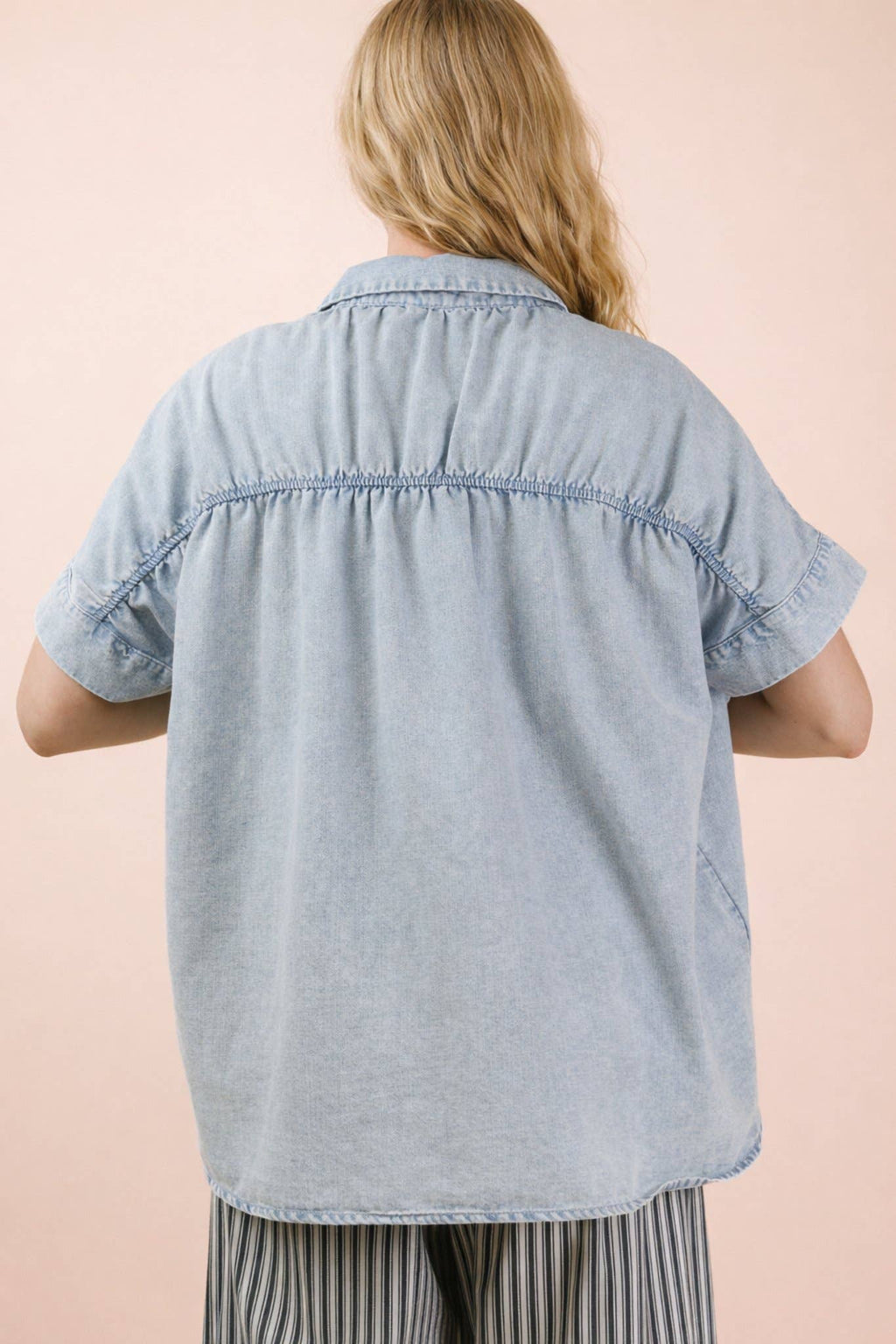 Mineral Washed Chambray Oversized Shirt Top: LT INDIGO