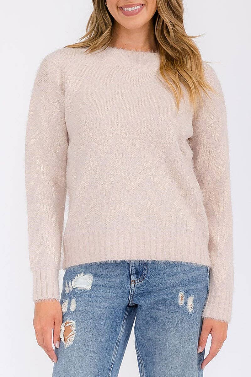SHIMMER DETAIL ROUND NECK PULLOVER SWEATER: MAUVE