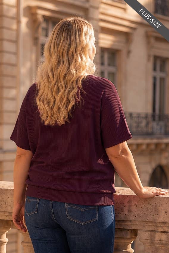 Curly Rib Oversized Ruched Top: WINE