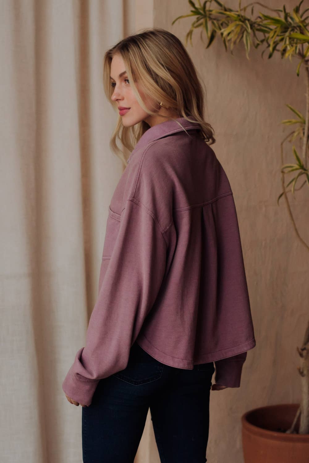 Lavender Cropped Washed Soft Button Up