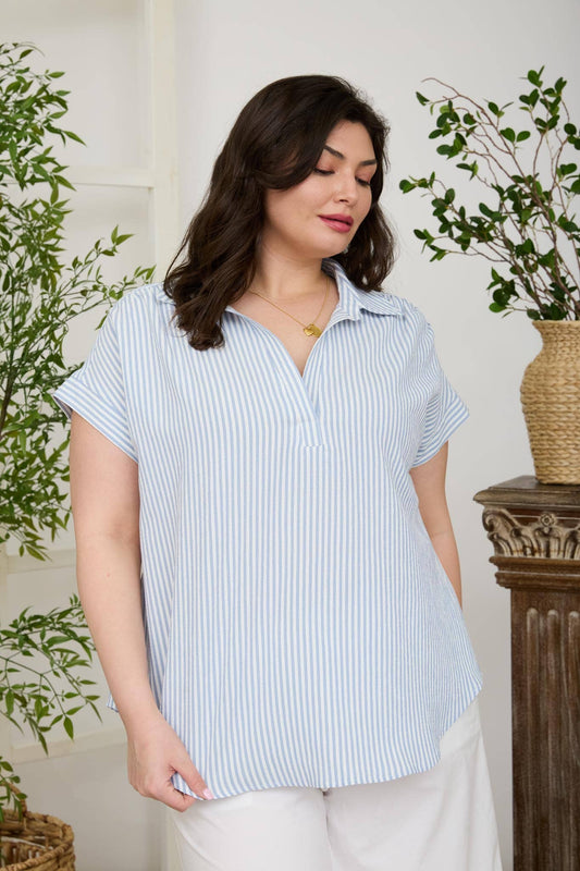 STRIPED V NECK CUFF SLEEVE SHIRT : BLUE