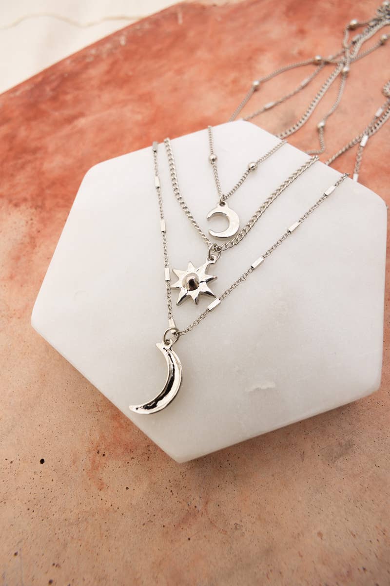 🌙⭐ Celestial Layered Necklace - Moon and Star Charms 🌜✨: Silver