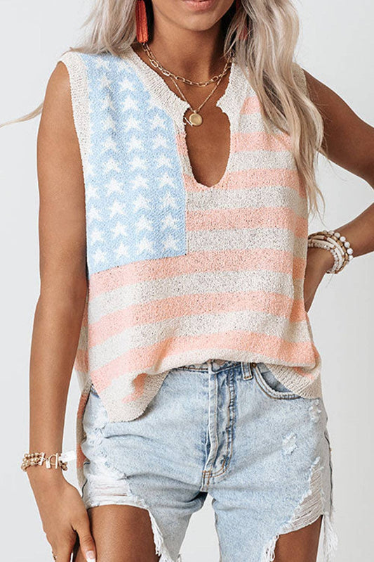 USA Flag Notched Neckline Loose Sweater Vest