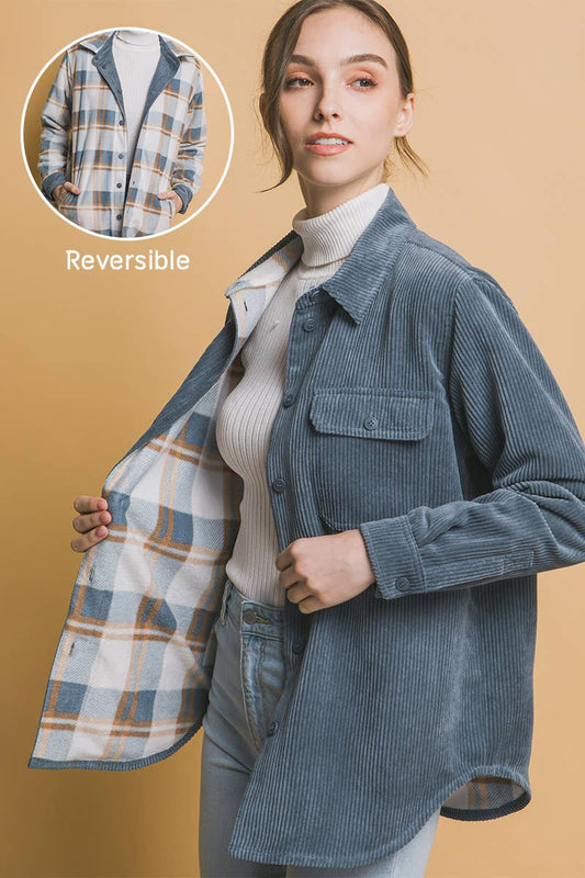 Corduroy Reversible Button Down Jacket :BLUE STONE