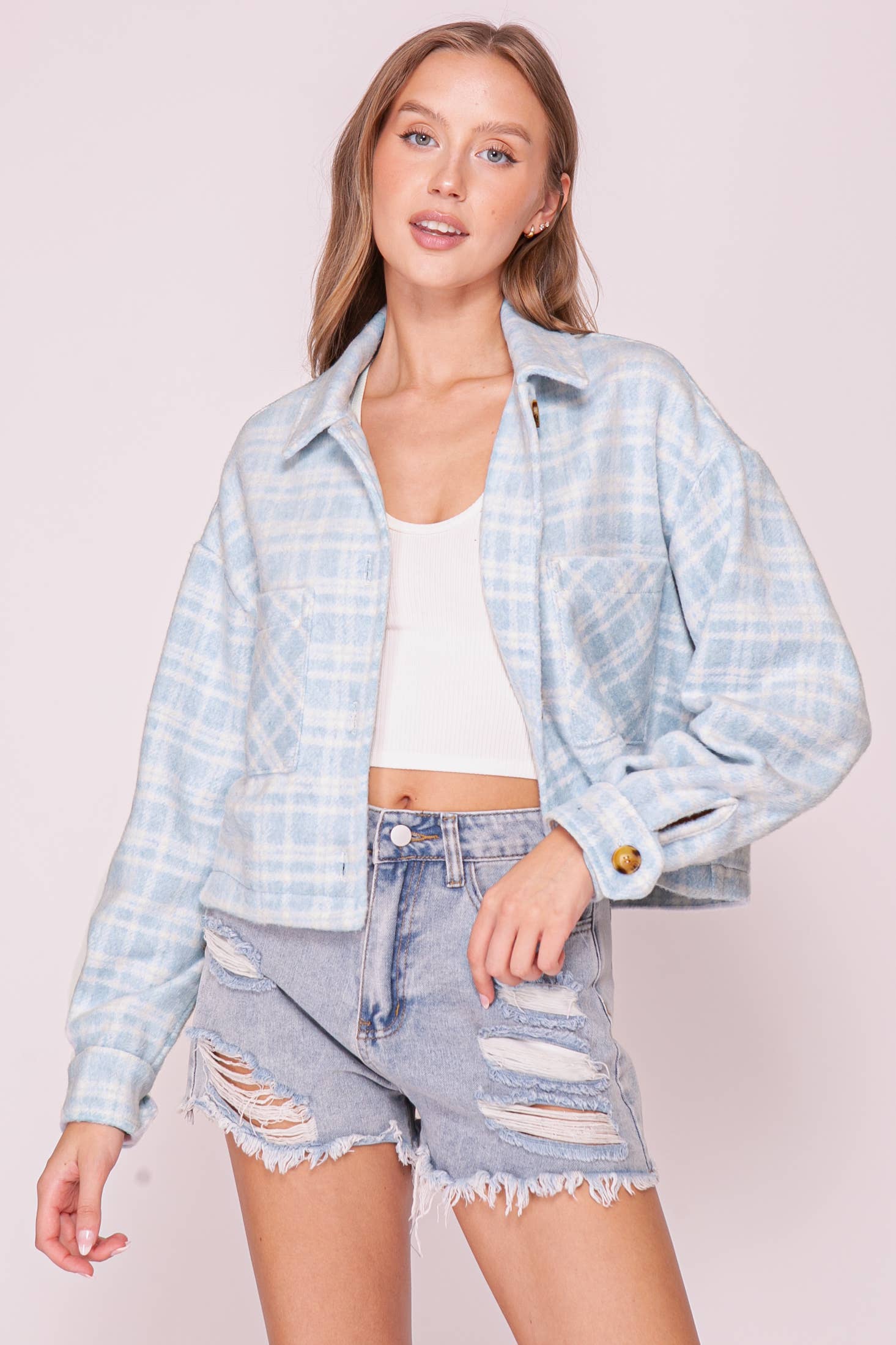 Plaid Button Front Shacket: Lt blue
